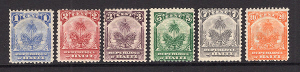 HAITI - 1898 - SMALL PALMS ISSUE: 'Small Palms' complete set of six with the UNISSUED 1c blue, 3c purple, 7c grey and 20c orange and the issued 2c carmine red and 5c green. All fine mint. (SG 49/50 & unlisted)  (HAI/40352)