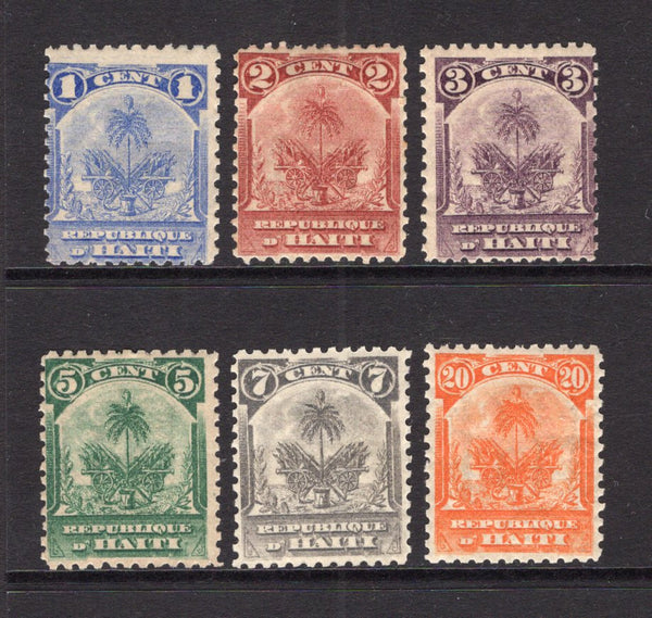 HAITI - 1898 - SMALL PALMS ISSUE: 'Small Palms' complete set of six with the UNISSUED 1c blue, 3c purple, 7c grey and 20c orange and the issued 2c carmine red and 5c green. All fine mint. (SG 49/50 & unlisted)  (HAI/40353)