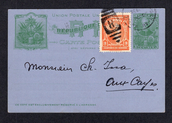 HAITI - 1938 - POSTAL STATIONERY: 3c + 3c green on lilac 'Simon Sam' postal stationery replycard (H&G 6) the message half only used commercially in 1938 with added 1933 3c orange (SG 312) tied by PORT-AU-PRINCE cds dated 30 JUL 1938. Addressed internally to 'Monsieur Ch. Issa, Aux Cayes'. The reverse bears a printed message from AGENCES ESTRANGERES S.A. with quotes for costs of shipping goods on the 'Roi du Nord' and 'Minnesota Belle'. A very unusual late commercial use.  (HAI/40579)