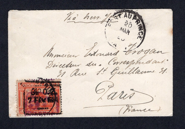 HAITI - 1920 - PROVISIONAL ISSUES: Cover franked with single 1919 5c on 10c orange 'Pictorial' issue with additional 'GL O.Z. 7 FEV 1914' overprint (SG 289) tied by PORT AU PRINCE cds dated 20 MAR 1920 with additional strike alongside. Addressed to FRANCE.  (HAI/41409)