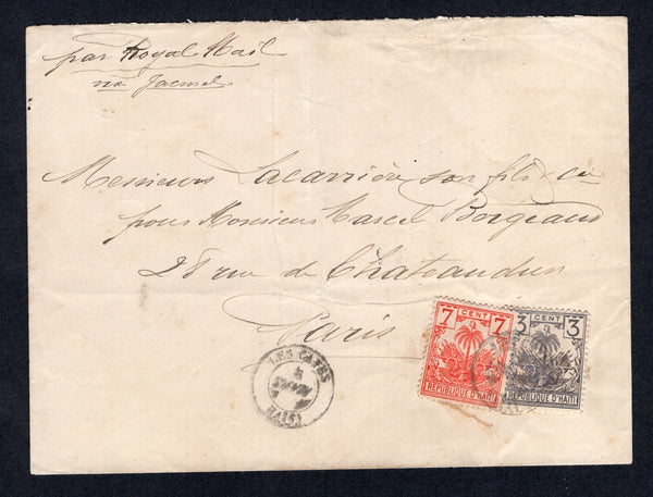 HAITI - 1896 - PALMS ISSUE: Cover franked with 1893 3c drab lilac and 7c scarlet 'Drooping Palms' issue (SG 37 & 39) tied by LES CAYES cds with second strike alongside. Addressed to FRANCE and inscribed 'Par Royal Mail via Jacmel'. Reverse bears JACMEL and LONDON transit cds's.  (HAI/4270)