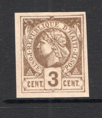 HAITI - 1881 - CLASSIC ISSUES: 3c grey bistre on pale buff 'Liberty Head' issue a fine mint copy, full O.G. Four good to large margins. (SG 3)  (HAI/5162)