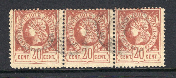 HAITI - 1882 - CLASSIC ISSUES: 20c pale brown on buff PERFORATED 'Liberty Head' issue a fine cds used strip of three. (SG 20)  (HAI/5174)