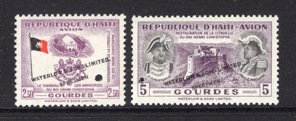 HAITI - 1954 - PROOF: 2.50g purple, black & red and 5g purple & black 'Restoration of Christophe's Citadel' issue, the set of two WATERLOW COLOUR TRIALS in unissued colours with 'WATERLOW & SONS LTD SPECIMEN' opt and small hole punch. Uncommon. (As SG 505 & 512)  (HAI/5286)