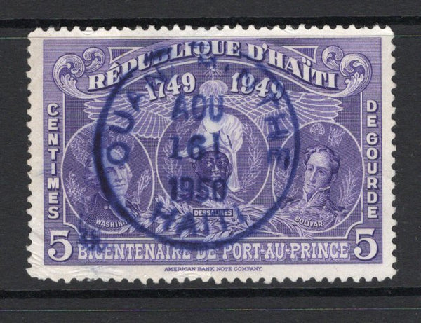 HAITI - 1950 - CANCELLATION: 5c violet 'Bicentenary of Port-Au-Prince' TAX issue used with superb central strike of OUANAMINTHE cds in purple dated 1950. Rare. (SG 438)  (HAI/5294)