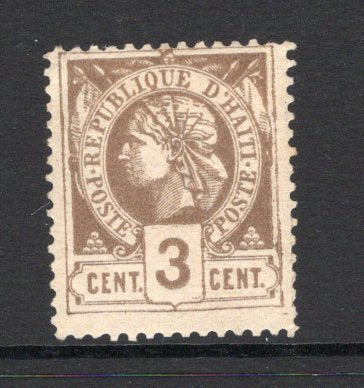 HAITI - 1882 - CLASSIC ISSUES: 3c grey bistre on buff PERFORATED 'Liberty Head' issue a fine mint copy with full O.G. (SG 12)  (HAI/5303)