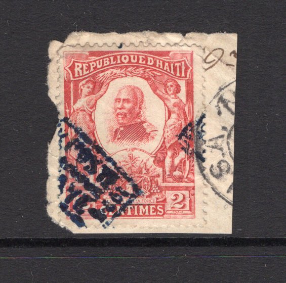 HAITI - 1904 - NORD ALEXIS ISSUE: 2c red 'Nord Alexis' issue with '1804 POST PAYE 1904' control handstamp in blue, a postally used copy on small piece tied by what appears to part of an arrival cds. A very scarce issue genuinely used. (104)  (HAI/5307)