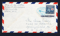 HAITI - 1953 - CANCELLATION: Commercial airmail cover franked 1945 25c blue 'Red Cross' issue (SG 385) tied by fine strike of oval PETION-VILLE HAITI cancel in blue. Addressed to USA.  (HAI/576)