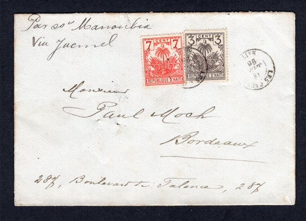 HAITI - 1896 - PALMS ISSUE: Cover franked with 1893 3c drab lilac and 7c scarlet 'Drooping Palms' issue (SG 37 & 39) tied by LES CAYES cds with second strike alongside. Addressed to FRANCE and inscribed 'Par esu Mananbia via Jacmel' in manuscript. French arrival cds on reverse.   (HAI/9557)