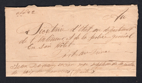 HAITI - 1908 - OFFICIAL MAIL, STAMP SHORTAGE & ORIGINATION: Stampless folded letter written by a Justice of the Peace in DONDON in the north of Haiti to the secretary of the interior at Port-au-Prince with manuscript 'aff 0,2' to indicate 2c paid with CAP HAITIEN transit and PORT-AU-PRINCE arrival cds's on reverse. Very unusual.  (HAI/9560)