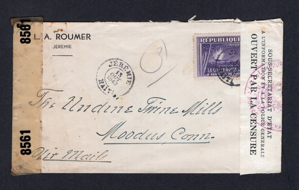 HAITI - 1943 - CENSORED MAIL: Cover franked with single 1943 60c violet (SG 364) tied by small JEREMIE cds with second strike alongside. Addressed to USA and censored in HAITI with black & white censor strip and purple cachet and again in USA with clear censor tape. PORT-AU-PRINCE transit cds on reverse.  (HAI/9591)