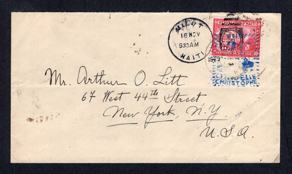 HAITI - 1929 - FIRST FLIGHT: Cover franked with 1929 10c carmine (SG 305) tied by MILOT cds dated 18 NOV 1929 and also by crude 'CITADELLE CHRISTOPHE cachet in blue. Addressed to PORT-AU-PRINCE, flown on the local First Flight from MILOT to PORT-AU-PRINCE with CAP HAITIEN transit and PORT-AU-PRINCE arrival cds's on reverse. Scarce. (Muller Unlisted)  (HAI/9594)