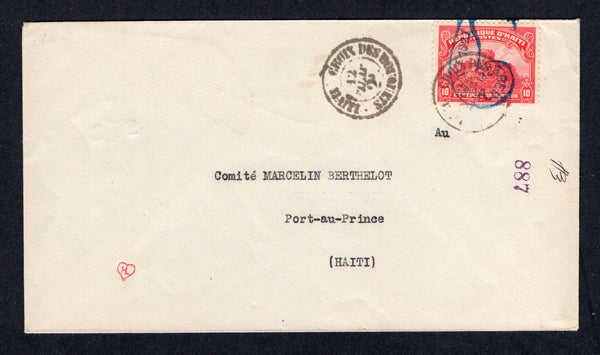 HAITI - 1927 - FIRST FLIGHT & CANCELLATION: Cover franked with single 1924 10c carmine (SG 300) tied by fine CROIX DES BOUQUETS cds with second strike alongside and also by '1927 BERTHELOT 1927' cachet in blue. Addressed to the 'Comite Marcelin Berthelot, Port-au-Prince' flown on the Jeremie - Port-au-Prince return flight to raise funds for the Berthelot centenary fund with PORT-AU-PRINCE arrival cds dated the same day on reverse. A rare flight only 75 covers were carried. (Muller #8a)  (HAI/9596)