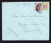 HONG KONG - 1937 - GV ISSUE: Cover franked with 1921 5c violet and 20c purple & sage green GV issue (SG 121 & 125) tied by KOWLOON cds. Addressed to GERMANY with HONG KONG transit cds on reverse.  (HNK/21052)