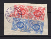 HONG KONG - 1911 - CANCELLATION & MARITIME: 4c carmine red pair and 10c bright ultramarine EVII issue tied on large piece by two good strikes of Japanese CHIYO-MARU SEA POST cds in purple dated 18.2.11. (SG 93 & 95)  (HNK/24072)