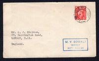 HONG KONG - 1952 - MILITARY MAIL & MARITIME: Cover franked with Great Britain 1950 2½d pale scarlet GVI issue (SG 507) tied by FIELD POST OFFICE 385 cds dated 11 JAN 1952 located at KOWLOON. Addressed to UK with boxed 'M.V. SOMALI 182907 NET. 4389-41' ship cancel in blue on front.  (HNK/29226)