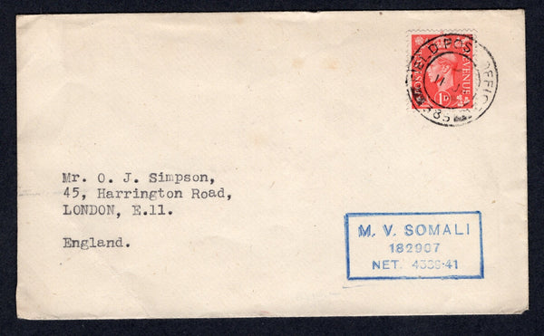 HONG KONG - 1952 - MILITARY MAIL & MARITIME: Cover franked with Great Britain 1950 2½d pale scarlet GVI issue (SG 507) tied by FIELD POST OFFICE 385 cds dated 11 JAN 1952 located at KOWLOON. Addressed to UK with boxed 'M.V. SOMALI 182907 NET. 4389-41' ship cancel in blue on front.  (HNK/29226)