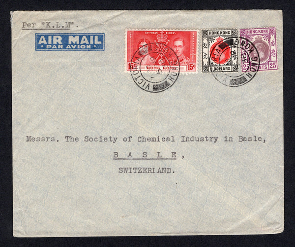 HONG KONG - 1938 - HIGH VALUE FRANKING & AIRMAIL: Airmail cover with typed 'Per K.L.M.' franked with 1921 25c purple & magenta and $2 carmine red & grey black GV issue and 1937 15c carmine GVI 'Coronation' issue (SG 126, 130 & 138) tied by two strikes of VICTORIA cds dated 5 MAR 1938. Addressed to SWITZERLAND. The $2 is very scarce used on cover.  (HNK/32878)