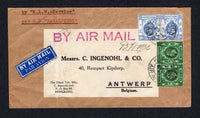 HONG KONG - 1936 - AIRMAIL & MARITIME: Cover with typed 'By K.L.M. Service' and 'Per S.S. Rawalpindi' routing instructions at top left franked with 1921 pair 10c bright ultramarine and pair 50c black on emerald GV issue (SG 124 & 128) tied by HONG KONG AIR MAIL (K) cds's dated 27 JUN 1936 and airmail label alongside with VICTORIA cds on reverse dated the same day. Addressed to BELGIUM.  (HNK/33506)
