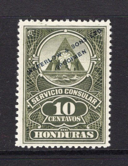 HONDURAS - Circa 1940 - PROOF: 10c olive 'Servicio Consular' REVENUE issue 'Waterlow' COLOUR TRIAL in unissued colour with 'WATERLOW & SONS LTD SPECIMEN' overprint in black.  (HON/10856)
