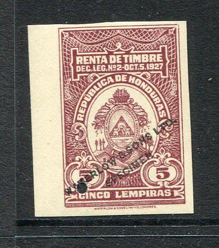 HONDURAS - 1927 - PROOF: 5l purple brown 'Renta de Timbre Dec Leg No.2-Oct 15 1927' REVENUE issue imperf 'Waterlow' lithographed COLOUR TRIAL in unissued colour with 'WATERLOW & SONS LTD SPECIMEN' overprint in black and small hole punch.  (HON/10857)