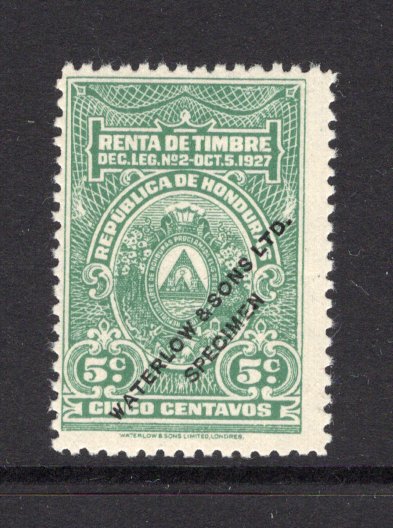 HONDURAS - 1927 - REVENUE & PROOF: 5l pale green 'Renta de Timbre Dec Leg No.2-Oct 15 1927' REVENUE issue 'Waterlow' lithographed COLOUR TRIAL in unissued colour with 'WATERLOW & SONS LTD SPECIMEN' overprint in black.  (HON/10859)