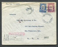 HONDURAS - 1925 - REGISTRATION & CANCELLATION: Registered cover franked with 1924 6c purple & 10c blue 'Herrera Bust' issue (SG 217/218) tied by 'Lines' cancel with fine undated PESPIRE, HONDURAS CERTIFICADOS cds alongside with additional PESPIRE, HONDURAS cds and fine strike of 'AR PESPIRE No. 146 GRAM 15' registration cachet all on front. Addressed to USA with transit and arrival marks on reverse.  (HON/20446)