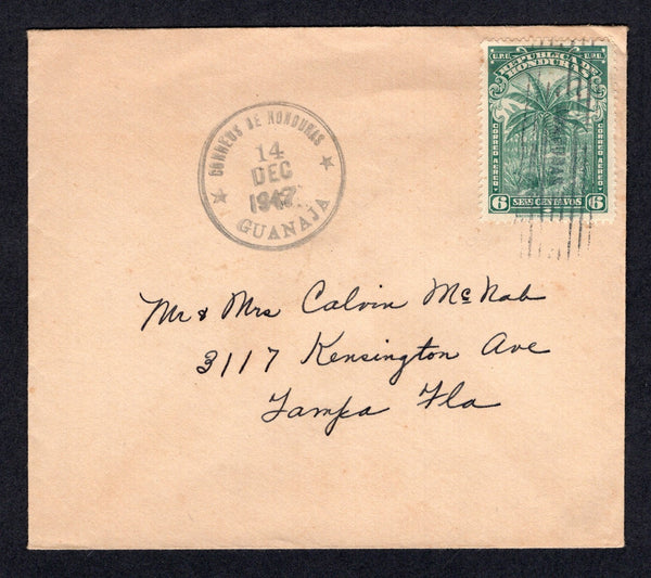 HONDURAS - 1947 - CANCELLATION & ISLAND MAIL: Unsealed cover franked with single 1943 6c blue green (SG 432) tied by 'Lines' cancel with fine strike of CORREOS DE HONDURAS GUANAJA cds alongside (Bay Islands P.O.). Addressed to USA.  (HON/20704)