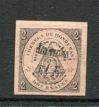 HONDURAS - 1877 - PROVISIONAL ISSUES: 'dos reales' in black on 2r rose 'Tegucigalpa' provisional surcharge issue with validating 'tick' at right, a fine unused four margin copy. Rare. (Scott #15)  (HON/20866)