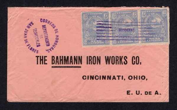 HONDURAS - 1912 - CANCELLATION: Cover franked with strip of three 1911 6c milky blue (SG 143) tied by 'Lines' cancel with superb strike of undated CORREOS DE HONDURAS DEPARTAMENTO DE TEGUCIGALPA SAN JUAN DE FLORES cancel alongside. Addressed to USA with transit and arrival marks on reverse. Scarce origination & marking.  (HON/23654)