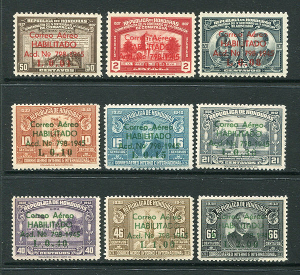 HONDURAS - 1945 - DEFINITIVE ISSUE: 'Correo Aereo HABILITADO Acd. No. 798-1945' airmail surcharge issue, the set of nine fine unmounted mint. (SG 447/455)  (HON/26189)