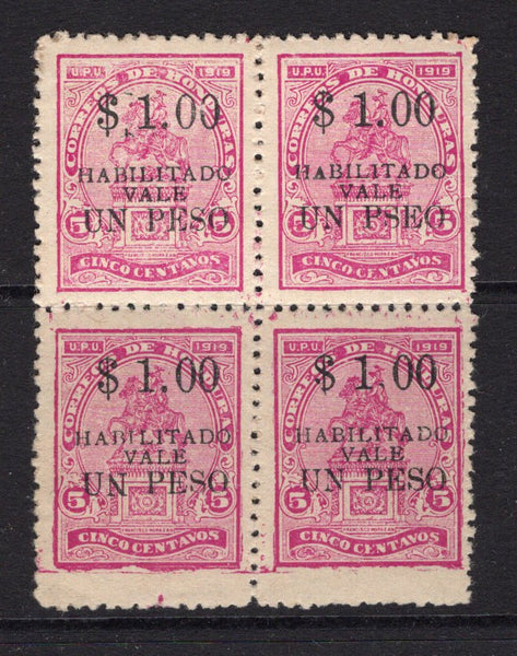 HONDURAS - 1923 - VARIETY: 1p on 5c magenta, a fine mint block of four with variety 'PSEO' for 'PESO' on top right hand stamp. (SG 214 & 214a)  (HON/28562)