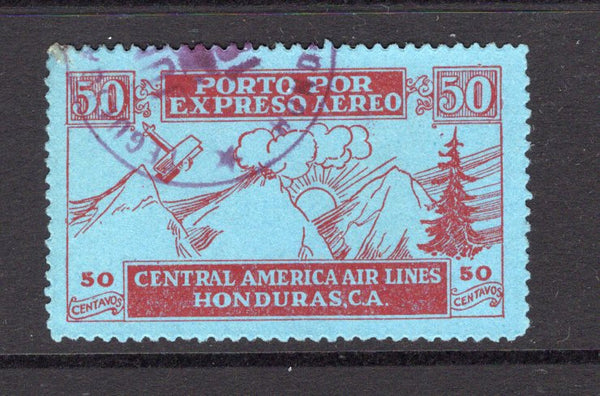 HONDURAS - 1927 - PRIVATE AIRMAIL COMPANIES: 50c carmine on blue 'Central American Airways' SEMI-OFFICIAL airmail issue, a fine used copy with part TEGUCIGALPA cds in violet. A scarce issue in used condition. (Sanabria #502)  (HON/28588)