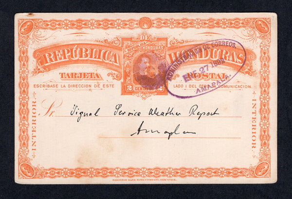 HONDURAS - 1892 - POSTAL STATIONERY & CANCELLATION: 2c orange 'Bogran' SEEBECK postal stationery card (H&G 9) used with dumb 'Cork' cancel and fine strike of oval ADMINISTRACION DE CORREOS AMAPALA cancel dated JAN 27 1892. Addressed locally with message on reverse referring to a meeting at the American club. Very scarce use.  (HON/28589)