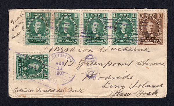 HONDURAS - 1907 - MEDINA ISSUE: Cover franked with 1907 1c green strip of four and single and 10c sepia 'Medina' issue (SG 127 & 131) tied by 'Lines' cancels with TEGUCIGALPA cds alongside. Addressed to USA. Some faults on reverse of cover.  (HON/28590)