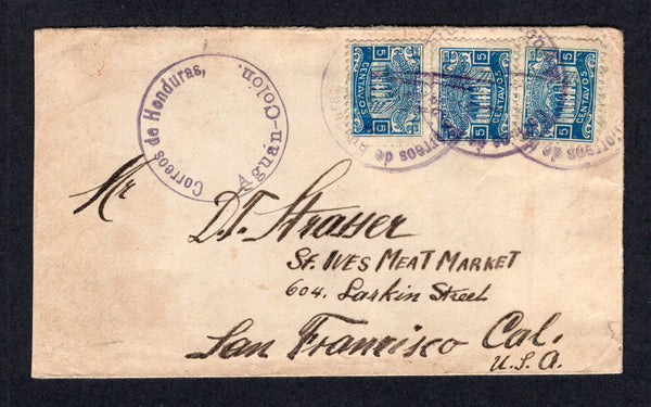 HONDURAS - 1916 - CANCELLATION: Cover franked with 3 x 1915 5c blue 'Ulua Bridge' issue (SG 188) tied by 'Lines' cancel and three strikes of undated circular CORREOS DE HONDURAS AGUAN - COLON cancel in purple with additional fine strike alongside. Addressed to USA with undated EL COLON and TRUJILLO transit cds's and USA arrival cds on reverse. A rare origination.  (HON/28596)