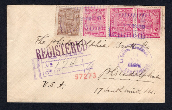 HONDURAS - 1924 - REGISTRATION: Registered cover franked with 1919 1c brown and strip of three 5c magenta 'Morazan Statue' issue (SG 196 & 198) tied by LA CEIBA-HOND wavy lines cancel with LA CEIBA CERTIFICADOS cds dated 14 JAN 1924 alongside both in purple with handstruck 'LA CEIBA' registration marking also on front. Addressed to USA with transit and arrival cds's on reverse.  (HON/28598)