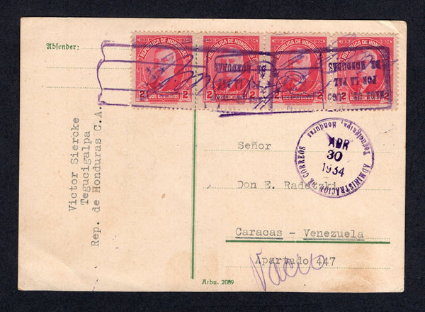 HONDURAS - 1934 - SIGNATURE CONTROLS & DESTINATION: Plain postcard franked with 1931 strip of four 2c carmine (SG 320) with fine 'Signature Control' overprint across the four stamps tied by boxed roller cancel with ADMINISTRACION DE CORREOS TEGUCIGALPA cds dated ABR 30 1934 alongside. Addressed to VENEZUELA.  (HON/28600)