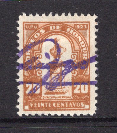 HONDURAS - 1924 - REVOLUTIONARY ISSUE: 20c yellow brown with 'Signature Control' overprint in purple of 'Santiago Herrera' of Cortes department applied during the 1924 Revolution to stop the use of looted stamps.  Fine mint. The first and scarcest period of Signature control use. (SG 219)  (HON/30245)