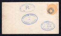 HONDURAS - 1890 - POSTAL STATIONERY: 10c yellow on white 'Seebeck' postal stationery envelope (H&G B2) unused but with negative 'Star' cancel, oval 'REPUBLICA DE HONDURAS R' marking, oval 'AGENCIA FISCAL PUERTO CORTEZ' marking and smaller oval 'REPUBLIQUE DE HONDURAS BUREAU POSTAL D'EXCHANGE ABR 13 1891 PUERTO CORTEZ' marking all in blue. Likely from the official archive for recording the issue with the local Post Offices.  (HON/30249)