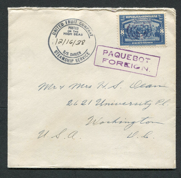 HONDURAS - 1938 - MARITIME: Cover from TELA with manuscript return address on reverse franked with single 1937 8c blue (SG 382) cancelled by 'Target' postmark in purple with fine strike of UNITED FRUIT COMPANY STEAMSHIP SERVICE POSTED ON THE HIGH SEAS S.S. DARIEN cds in black with '12/16/38 date added in manuscript with boxed 'PAQUEBOT FOREIGN' marking in purple alongside. Addressed to USA with arrival cds on reverse.  (HON/31626)