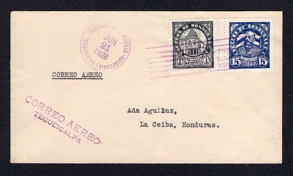 HONDURAS - 1928 - AIRMAIL: Cover franked with 1927 6c black and 10c blue (SG 251 & 253) tied by 'Lines' cancel with TEGUCIGALPA cds alongside dated JUN 21 1928. Sent airmail to LA CEIBA with good strike of straight line CORREO AEREO TEGUCIGALPA cachet in purple on front. TELA ATLANTIDA transit cds and LA CEIBA arrival cds on reverse. An early airmail.  (HON/31628)