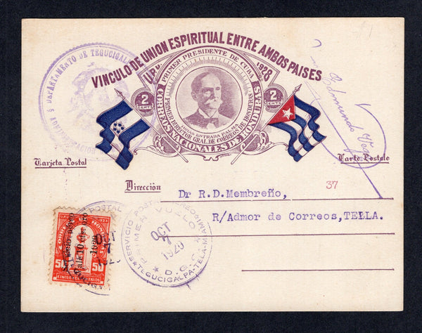 HONDURAS - 1929 - POSTAL STATIONERY & FIRST FLIGHT: 2c purple 'Flags of Cuba & Honduras' postal stationery card (H&G 37) numbered '37' used with added 1929 10c on 50c vermilion 'Servicio Aereo 1929' SURCHARGE issue (SG 263) tied by SERVICIO POSTAL AEREO PRIMER VUELO D.G.C. TEGUCIGALPA - TELA - MIAMI cds dated OCT 7 1929 with large undated TEGUCIGALPA 'Arms' cachet on front. Sent registered with boxed registration marking on reverse. Flown on the TELA - TEGUCIGALPA first flight. Addressed to TELA with arriv