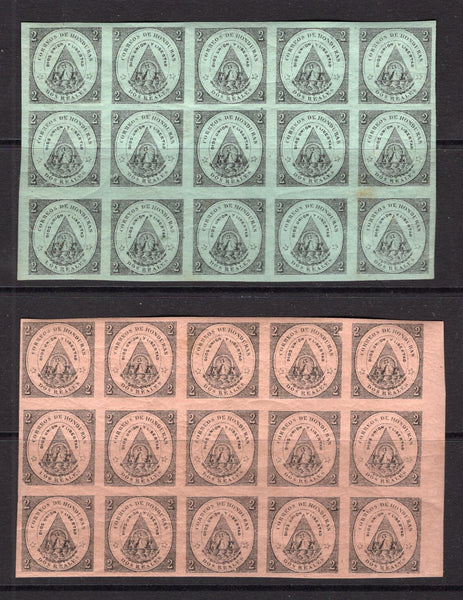 HONDURAS - 1866 - CLASSIC ISSUES & VARIETY: 2r black on rose and 2r black on green both in fine mint blocks of fifteen with one stamp in each block showing variety 'LOS' FOR 'DOS'. (SG 1/2)  (HON/31931)