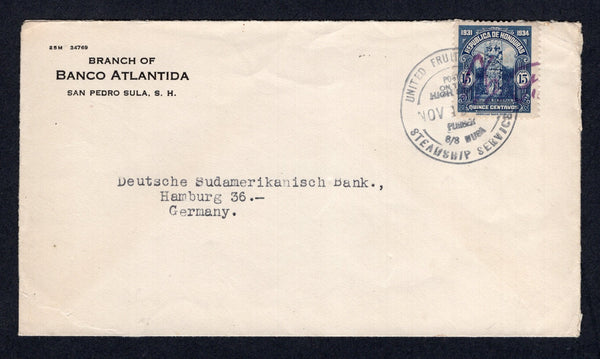 HONDURAS - 1934 - MARITIME & SIGNATURE CONTROLS: Circa 1934. Cover from SAN PEDRO SULA with company imprint at top left franked with 1931 15c blue with 'Signature Control' overprint in purple (SG 324) tied by fine strike of UNITED FRUIT COMPANY STEAMSHIP SERVICE POSTED ON THE HIGH SEAS PURSER S.S. MUSA cds. Addressed to GERMANY  (HON/32960)