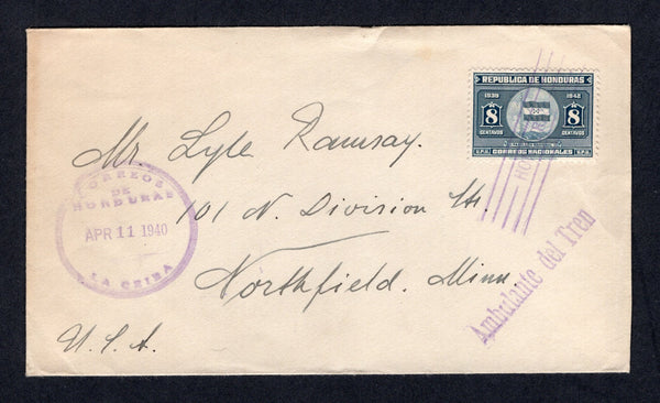 HONDURAS - 1940 - TRAVELLING POST OFFICES: Cover franked with 1939 8c blue (SG 389) tied by 'lines' cancel with LA CEIBA cds dated APR 11 1940 and fine strike of straight line 'AMBULANTE DEL TREN' cancel in purple alongside. Addressed to USA. A very scarce marking.  (HON/32961)