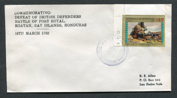 HONDURAS - 1977 - ISLAND MAIL & CANCELLATION: Cover with 1972 12c '150th Anniversary of Independence' issue (SG 802) tied by AGENCIA POSTAL SANTOS GUARDIOLA, ISLAS DE LA BAHIA cds dated 16 MAR 1977 with uncancelled 7c (SG 798) on reverse. Addressed to SAN PEDRO SULA. Santos Guardiola was a small postal agency in the village of Oakridge on the isl& of Roatan. Uncommon.  (HON/33388)