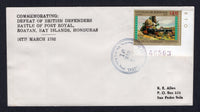 HONDURAS - 1977 - ISLAND MAIL & CANCELLATION: Printed 'Commemorating the Defeat of the British Defenders, Battle of Port Royale, Roatan, Bay Islands, Honduras 16th March 1782' cover franked with 1972 12c '150th Anniversary of Independence' issue (SG 802) tied by AGENCIA POSTAL SANTOS GUARDIOLA, ISLAS DE LA BAHIA cds dated 16 MAR 1977 with uncancelled 7c (SG 798) on reverse. Addressed to SAN PEDRO SULA. Santos Guardiola was a small postal agency in the village of Oakridge on the island of Roatan. Uncommon. 