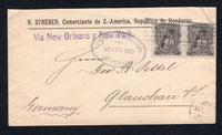 HONDURAS - 1895 - SEEBECK ISSUE: Cover franked with pair 1895 5c slate 'Seebeck' issue (SG 94) tied by 'Lines' cancel with fine oval CORREOS DE HONDURAS TEGUCIGALPA cancel alongside dated NOV 30 1895. Addressed to GERMANY  with transit & arrival marks on reverse. Very fine.  (HON/37085)