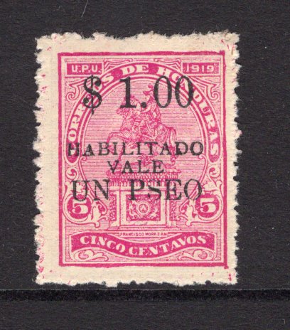 HONDURAS - 1923 - VARIETY: 1p on 5c magenta, a fine mint copy with variety 'PSEO' for 'PESO'. (SG 214a)  (HON/37362)